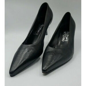 SALVATORE FERRAGAMO Black Leather Croc Point Toe Pumps Womens Kitten Heel 10B